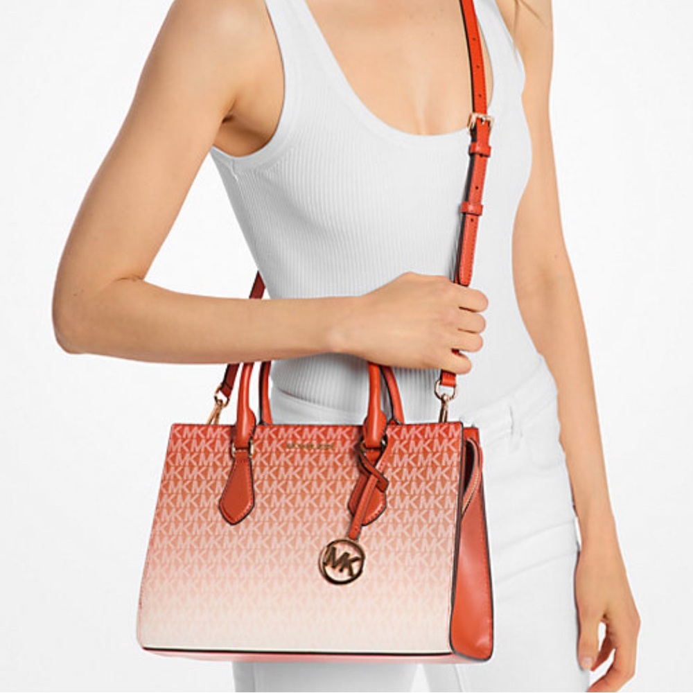 Michael Kors Sheila Medium Corner Zip Satchel Handbag Red Clay Ombre